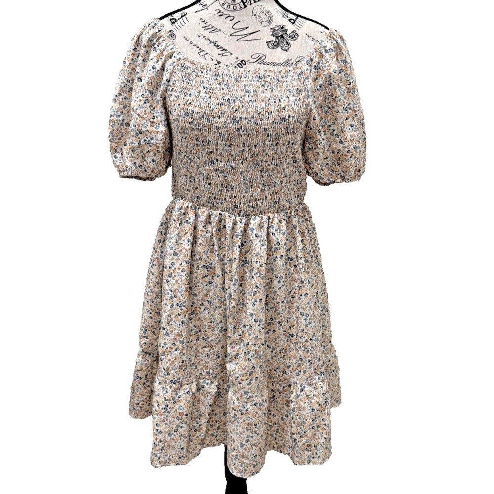 Women's Smocked Floral Balloon Sleeve Peasant Dress; Fairycore; Cottagecore; S/M